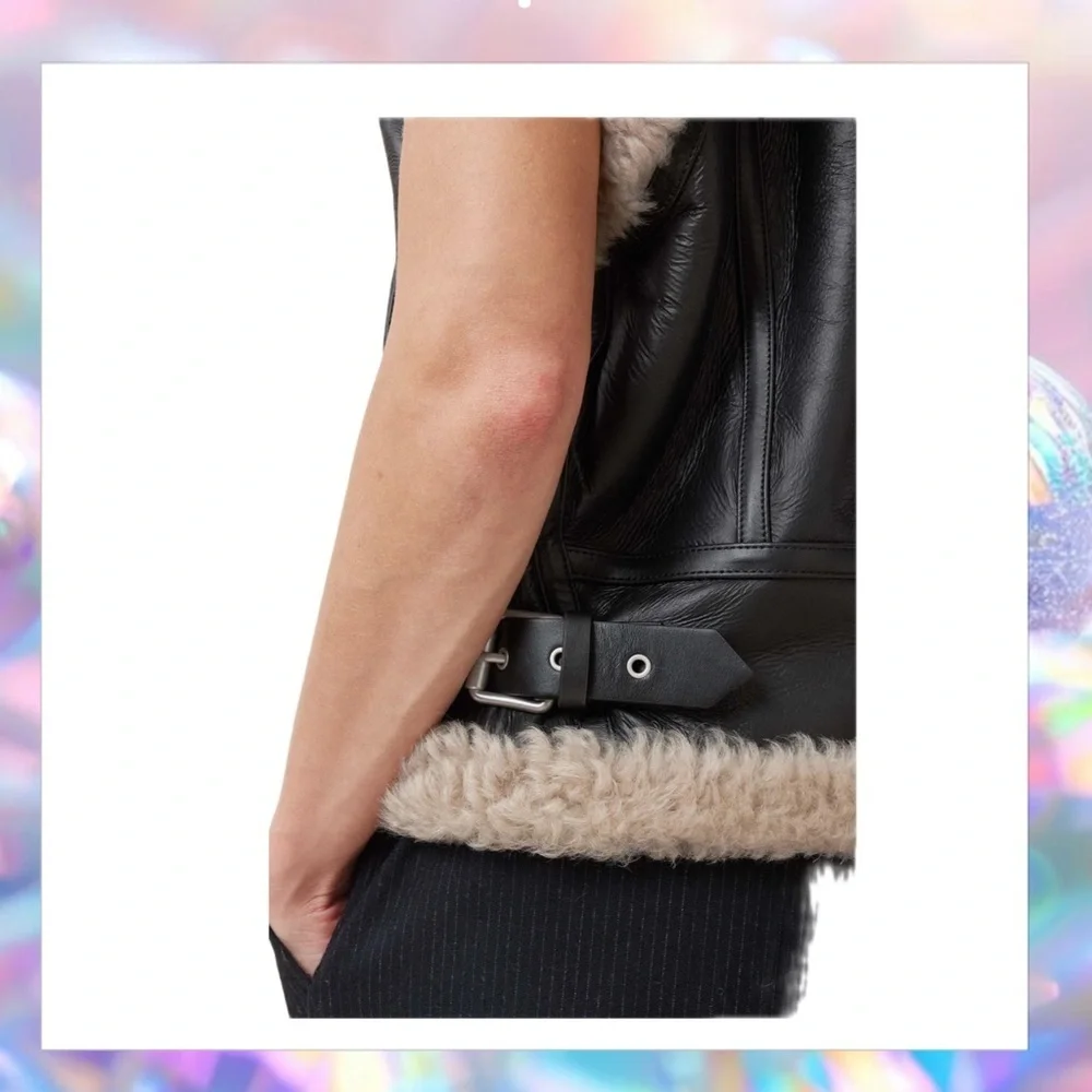 AllSaints Zep Genuine Shearling Black Leather Moto Vest Size S NWT